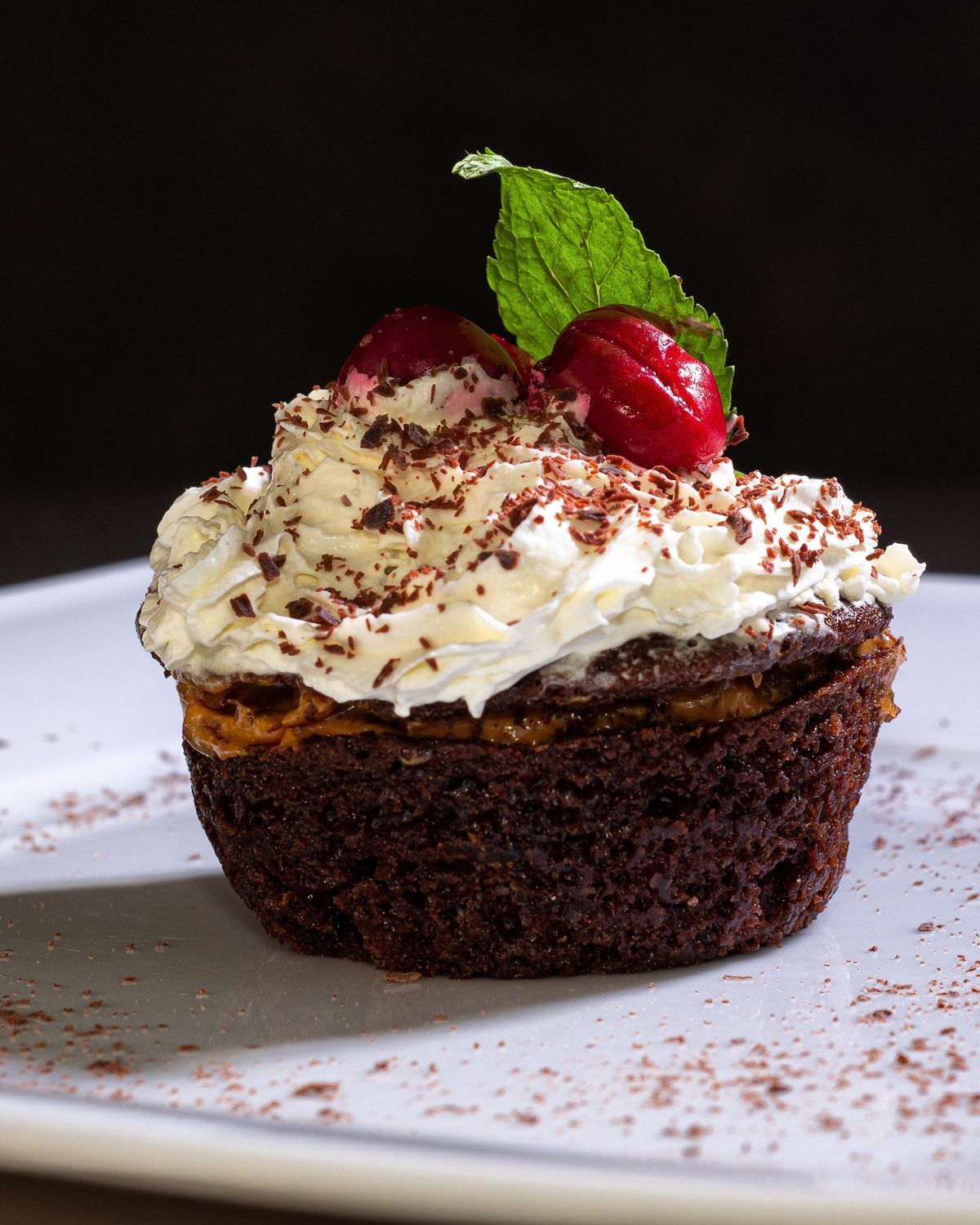 Chocolate cake topped with whipped cream, red cherries, and mint on a white plate